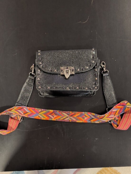 Handbags - Studded Black Leather Crossbody Bag with Colorful Strap